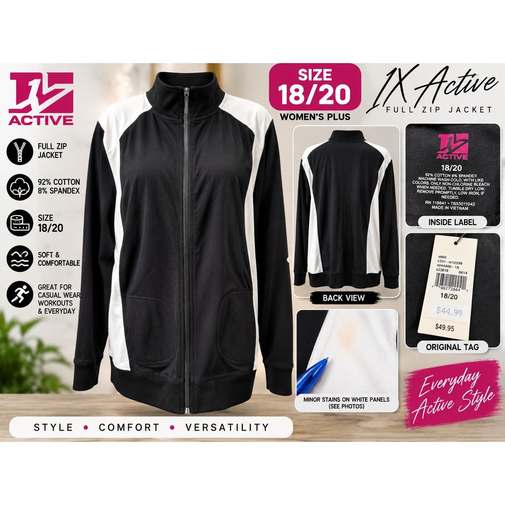 LZ Active Women Plus Full Zip Track Jacket Black White 1X 18/20 TBS3011042